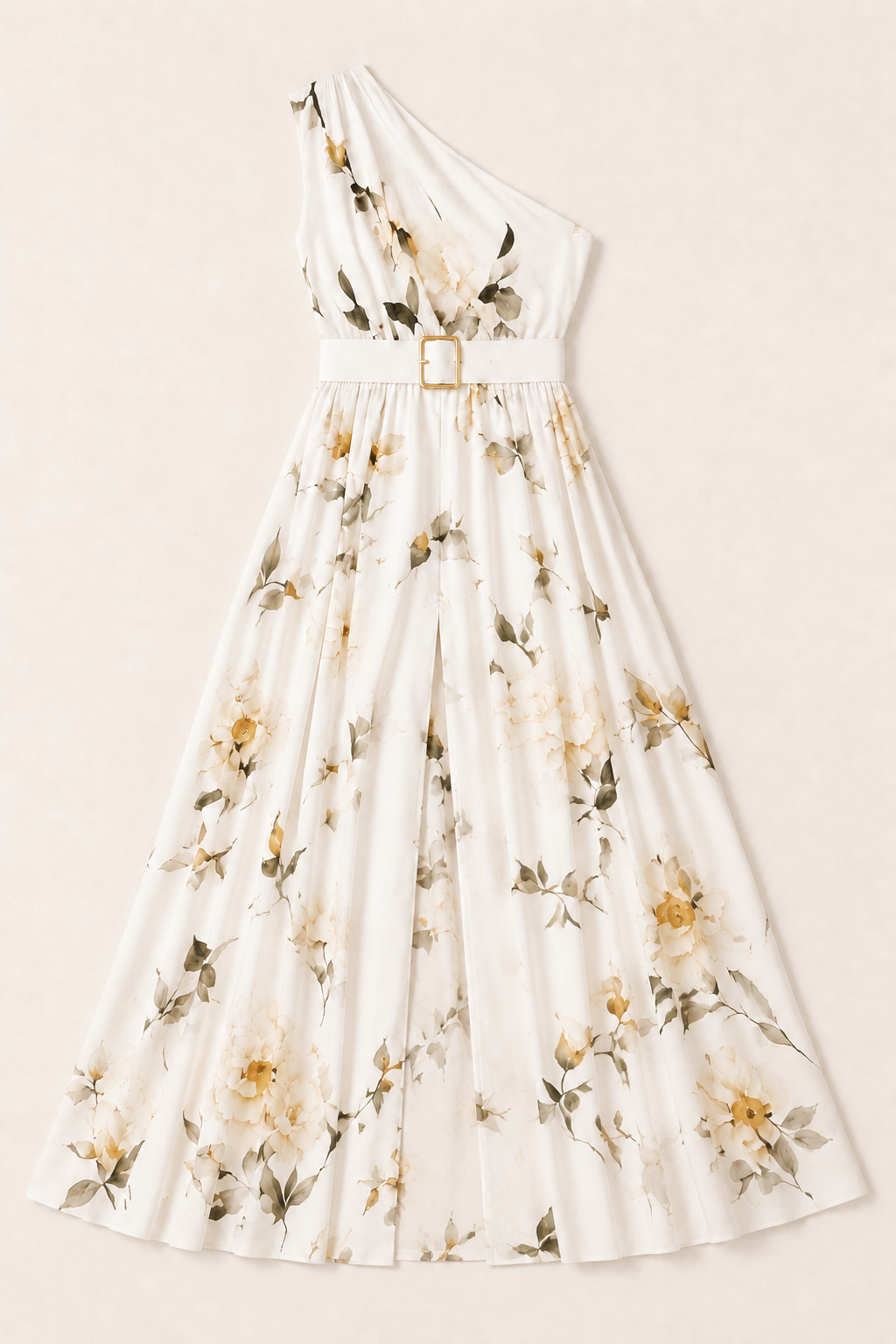 Flat-lay of the white floral one-shoulder maxi dress showing the belt and front split