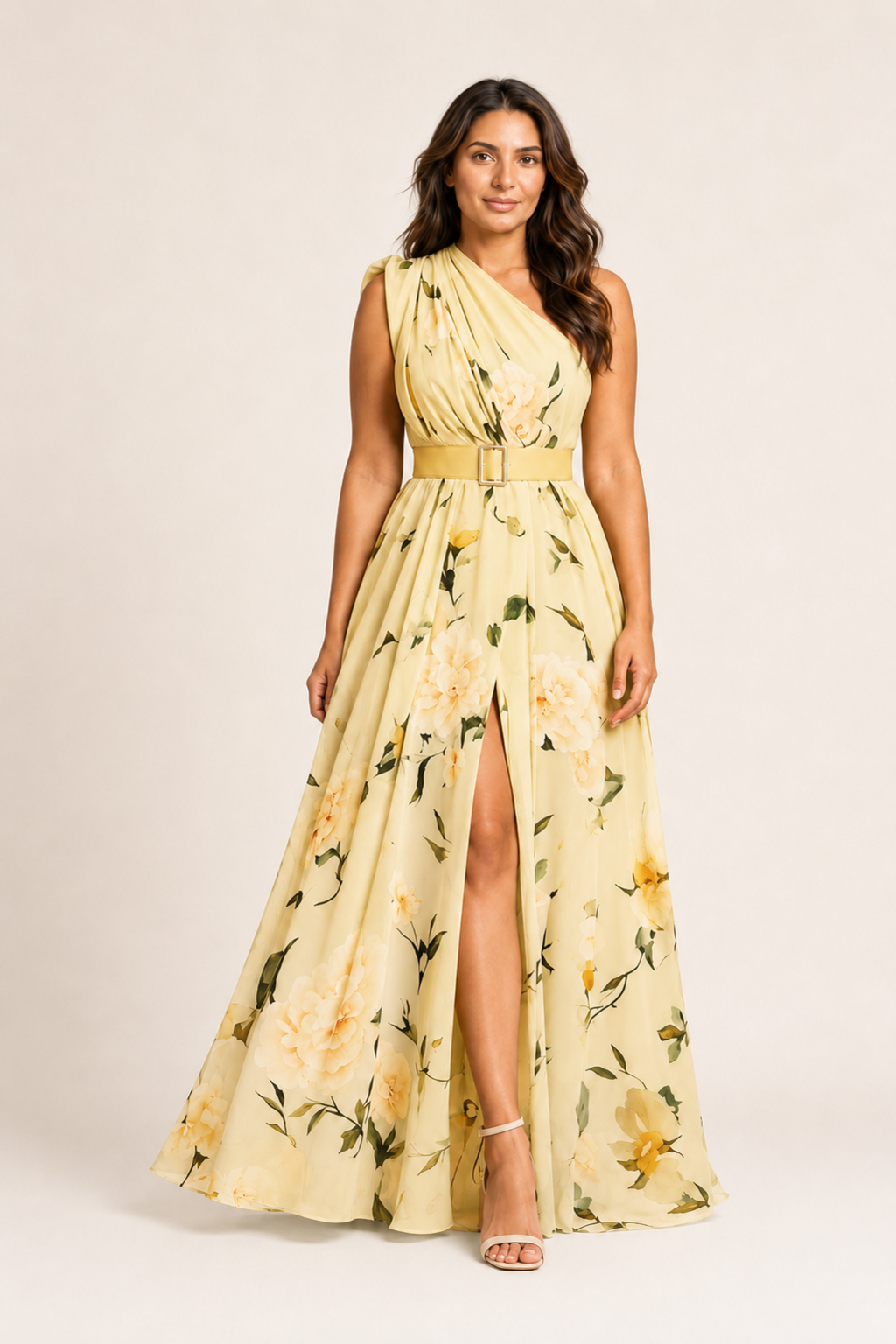 Woman wearing the yellow floral one-shoulder maxi dress, front three-quarter view