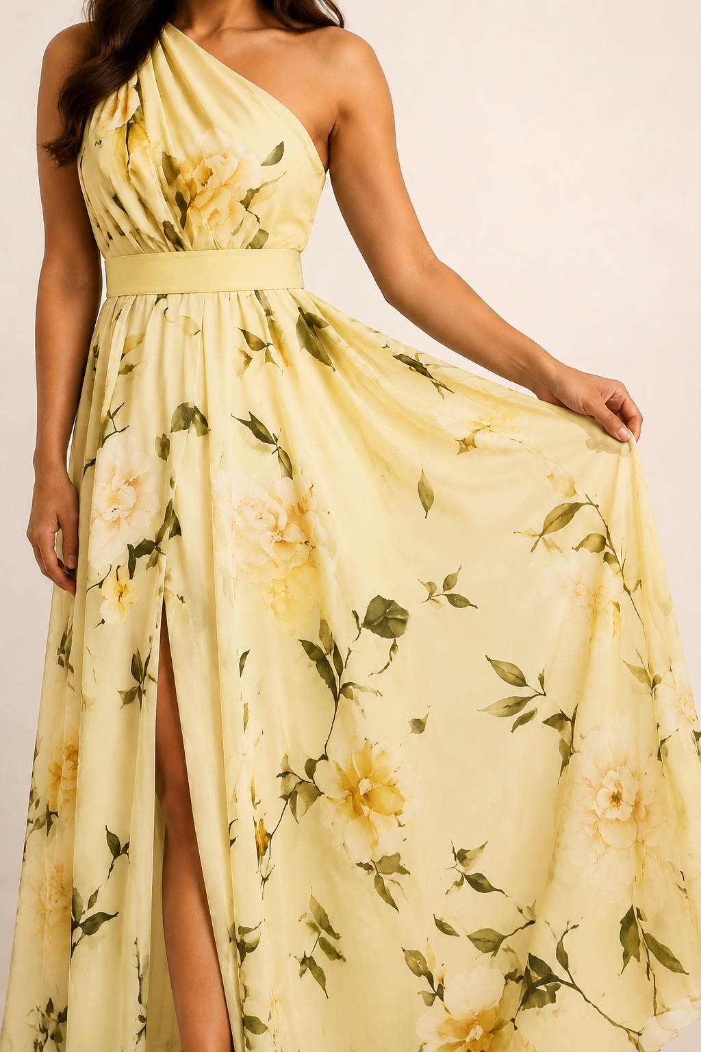 Model-worn close-up of the yellow dress showing the large floral print and fluid fabric