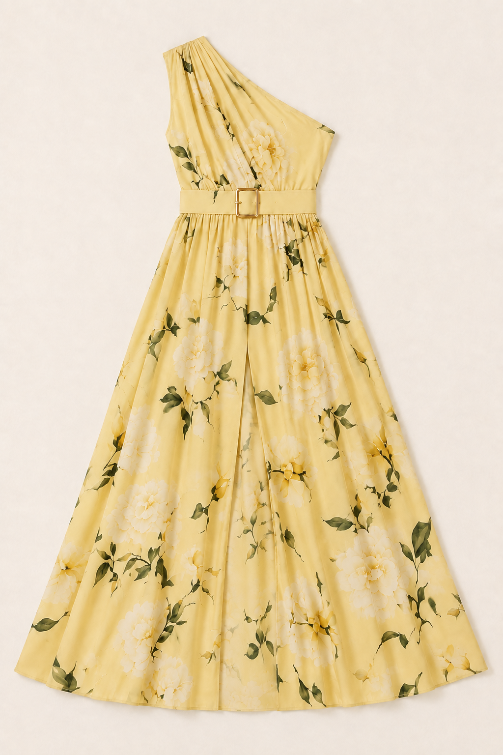 Flat-lay of the yellow floral one-shoulder maxi dress showing the belt and front split