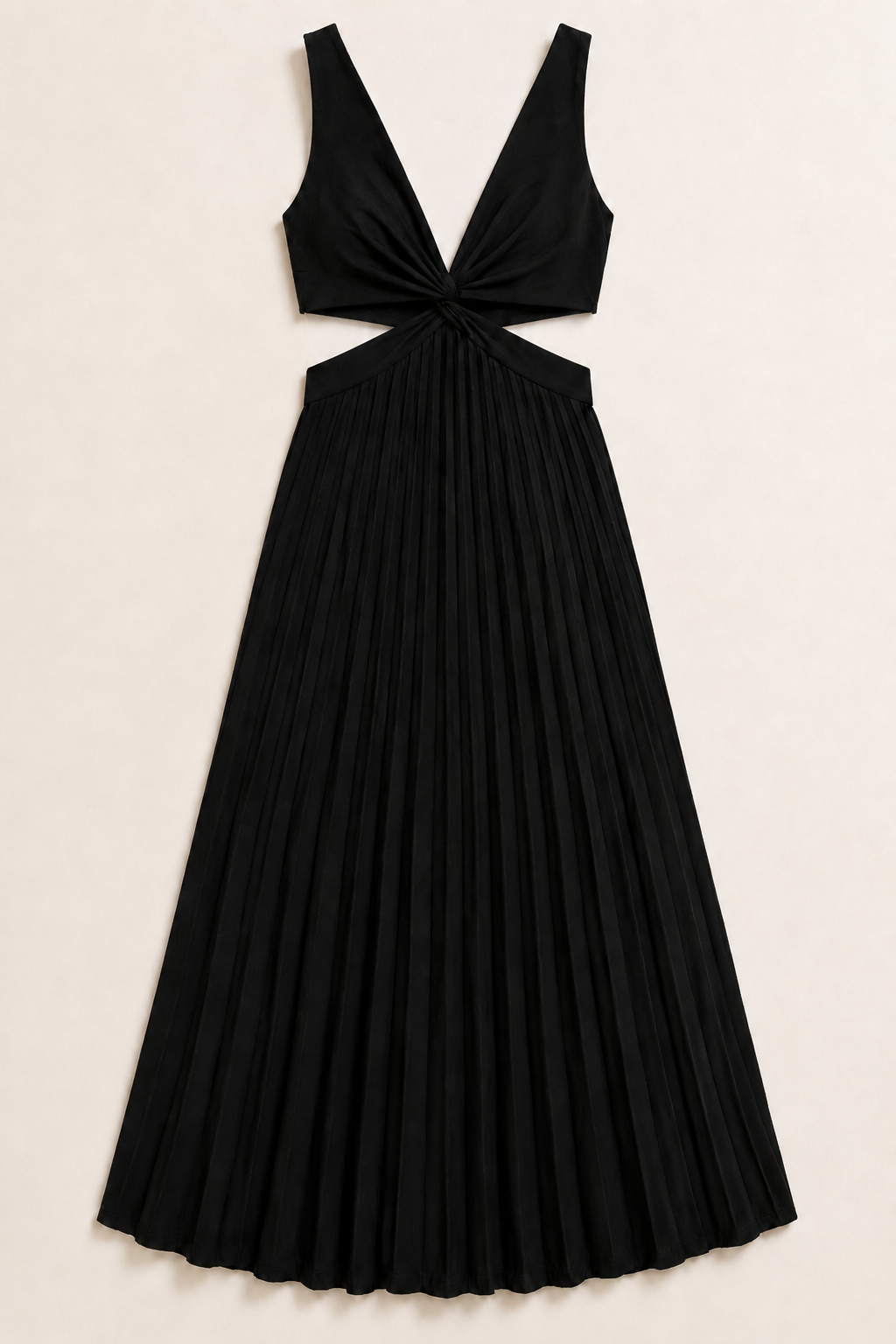 Flat-lay of the black flowing pleated maxi dress