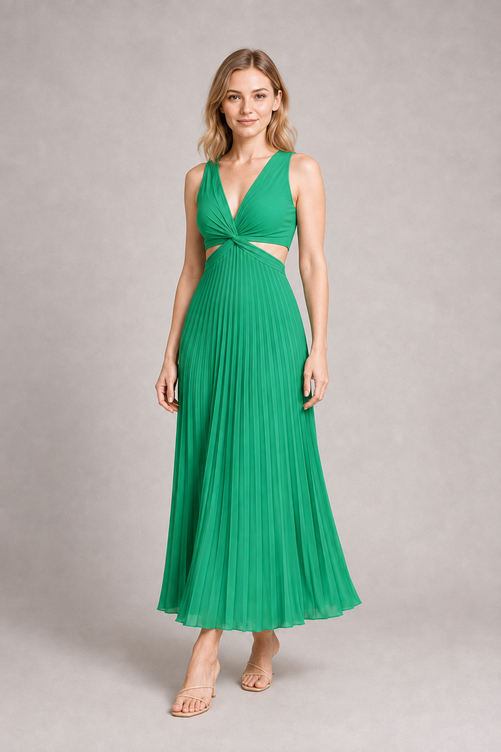 Woman wearing the green flowing pleated maxi dress, front three-quarter view