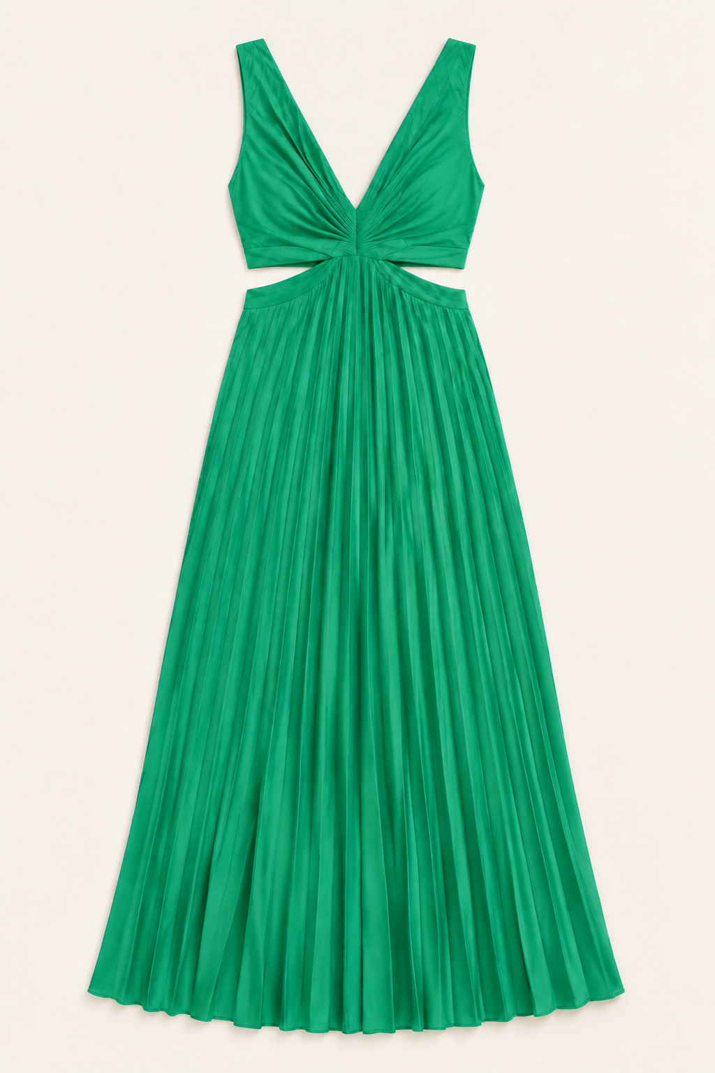 Flat-lay of the green flowing pleated maxi dress