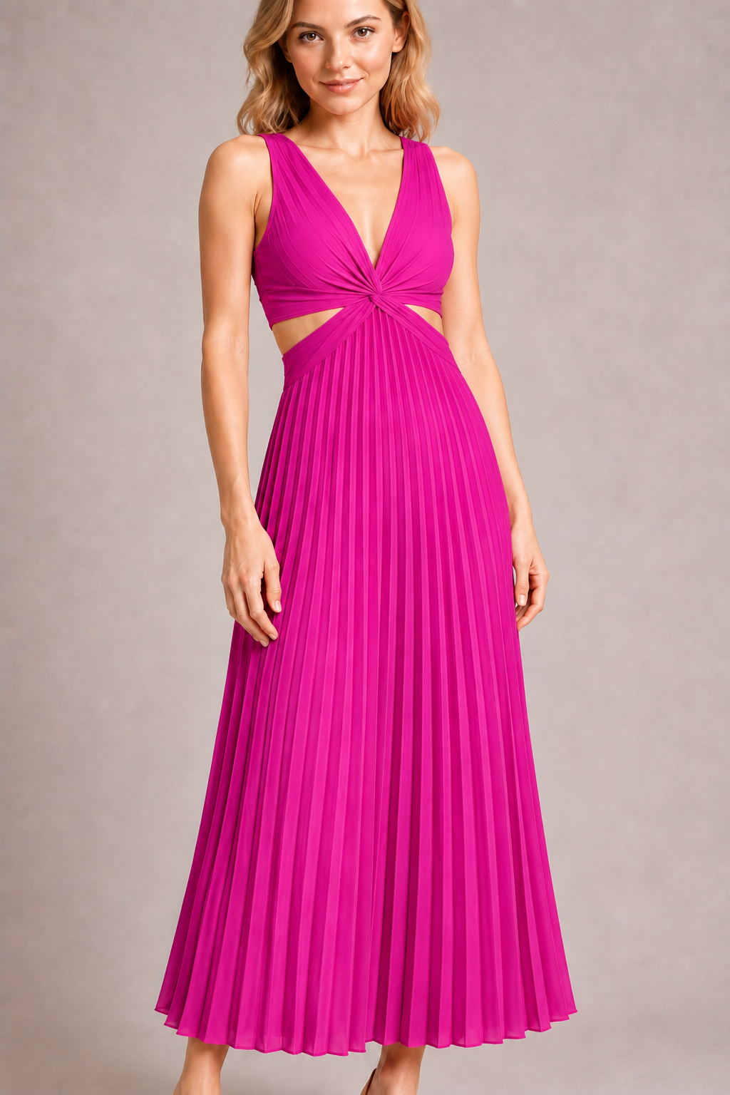 Model-worn close-up of the pink dress showing the fine vertical pleats and smooth surface