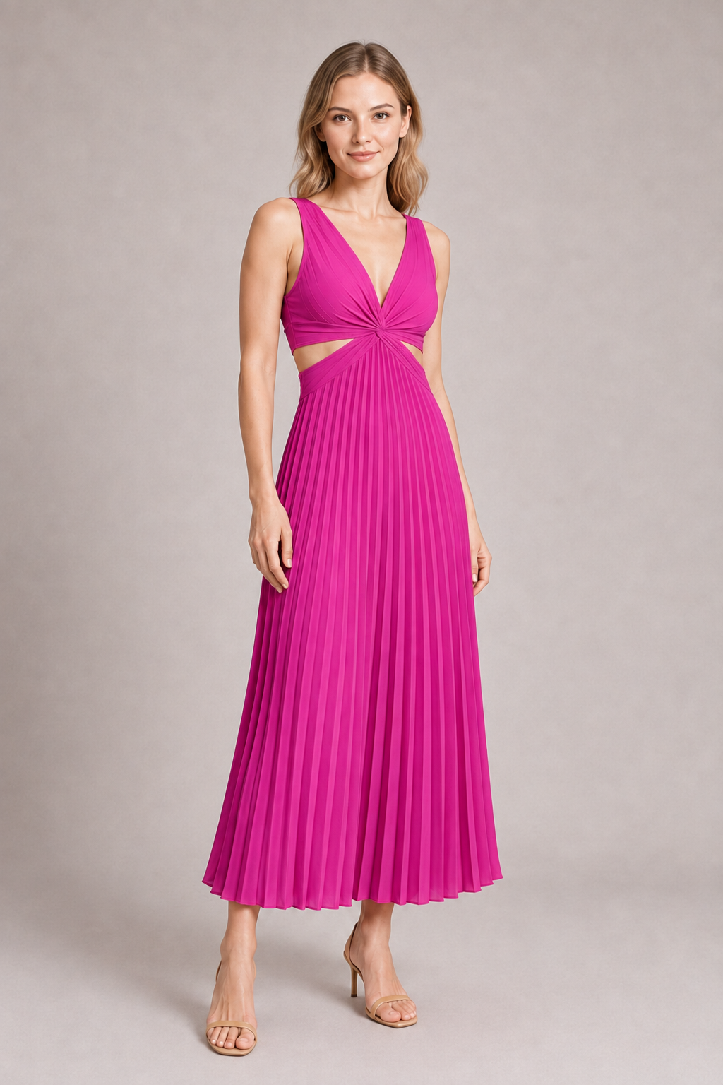 Woman wearing the purple-red flowing pleated maxi dress, front three-quarter view