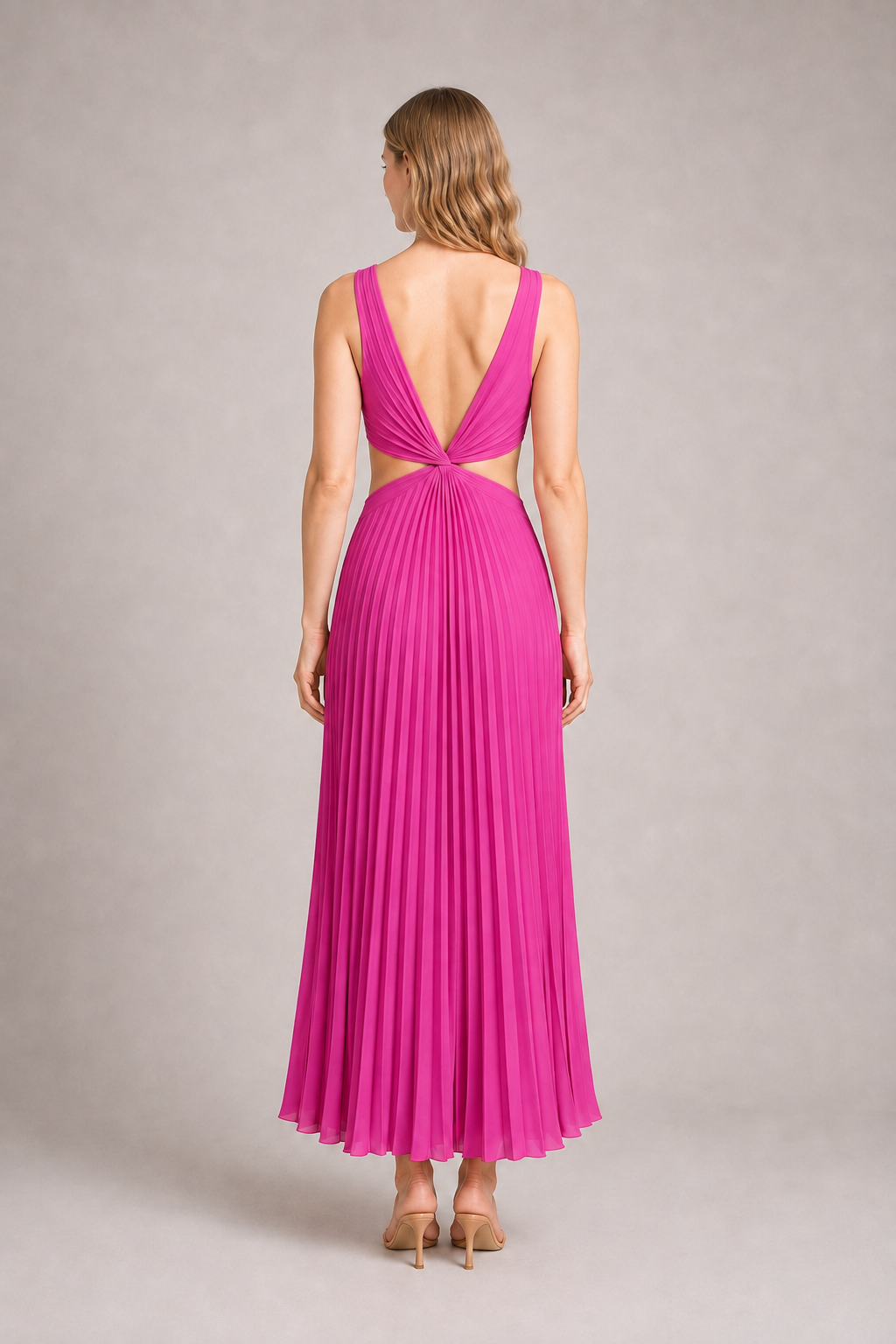 Back view of the purple-red flowing pleated maxi dress