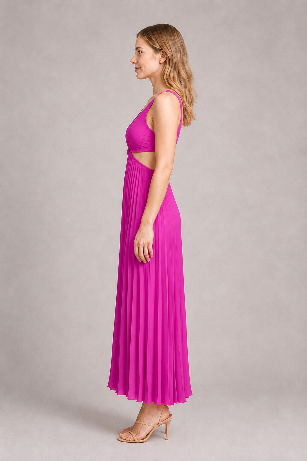 Side view of the purple-red flowing pleated maxi dress