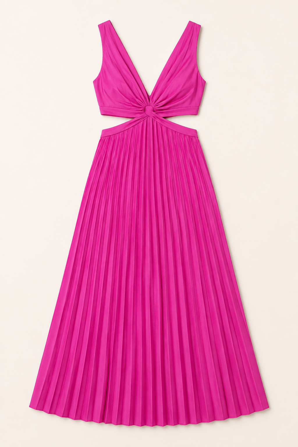 Close-up of the purple-red dress showing the front twist, side waist cutouts and pleated skirt join