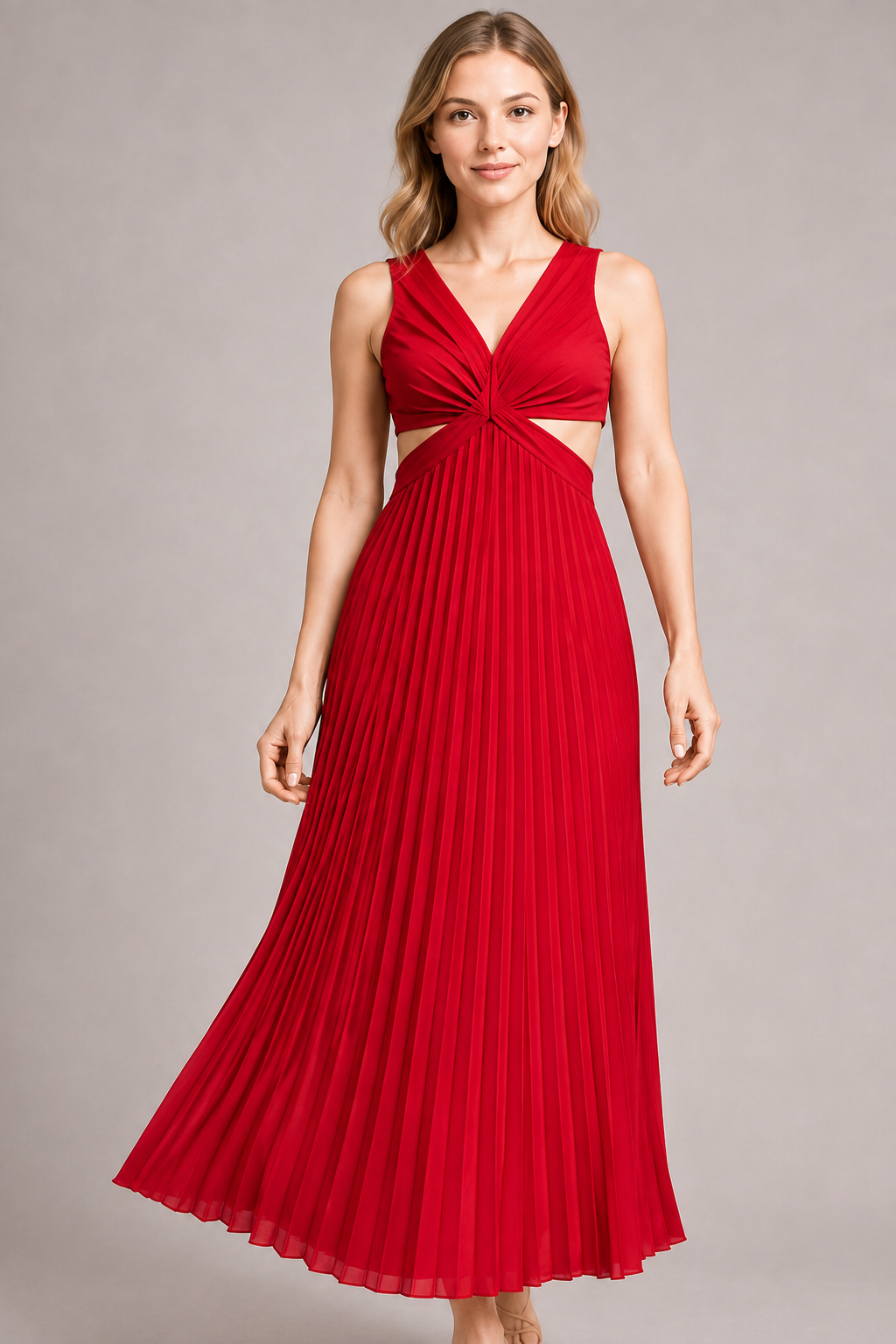 Model-worn close-up of the red dress showing the fine vertical pleats and smooth surface