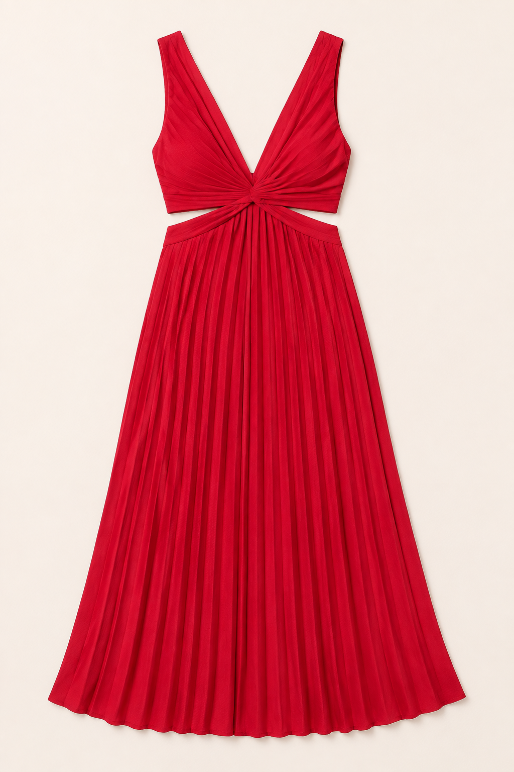 Flat-lay of the red flowing pleated maxi dress