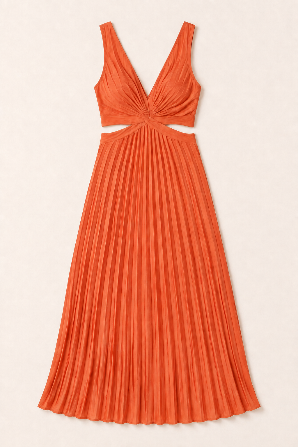 Flat-lay of the watermelon-red flowing pleated maxi dress