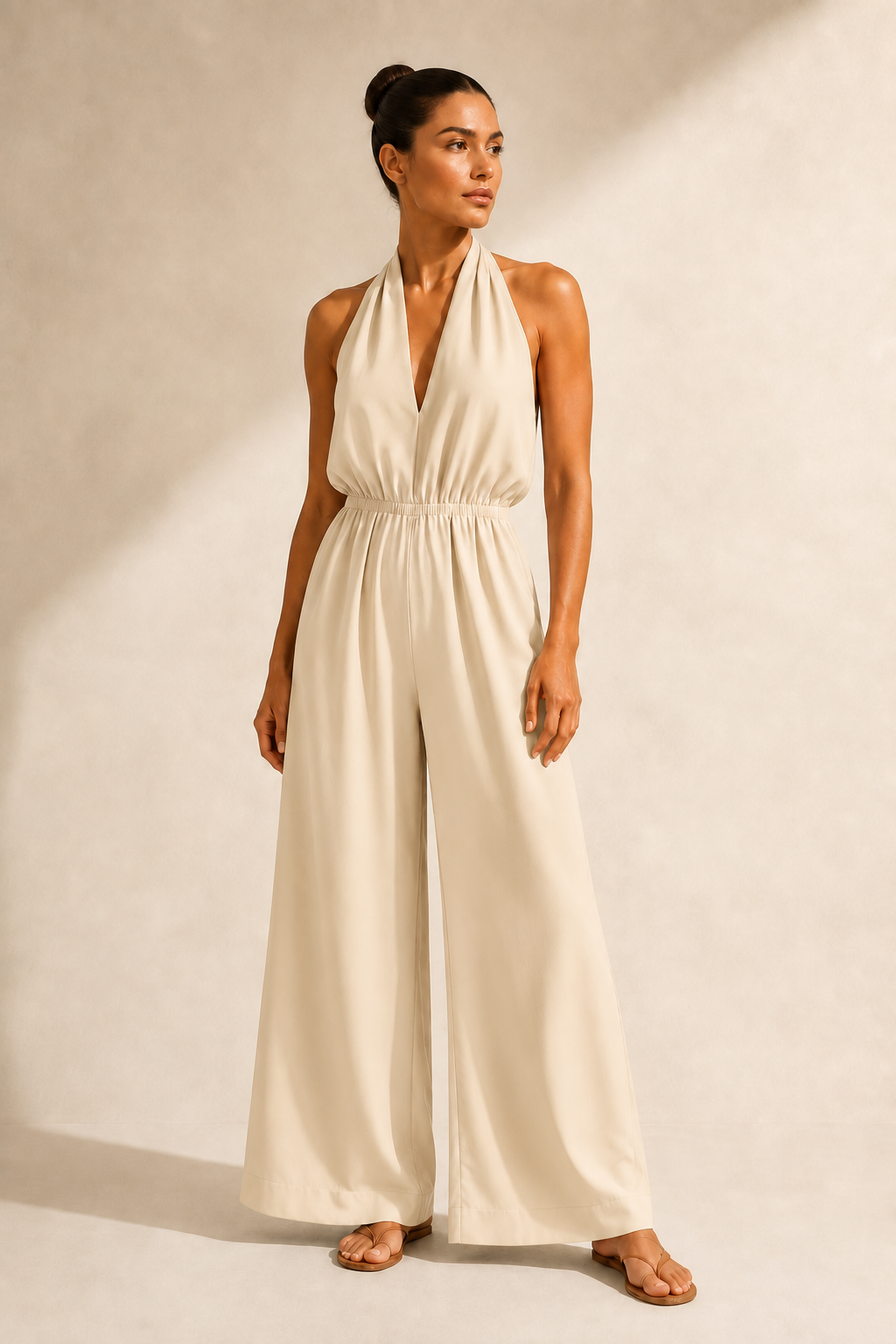 Halter-Neck Cropped Wide-Leg Jumpsuit in Apricot, front three-quarter view
