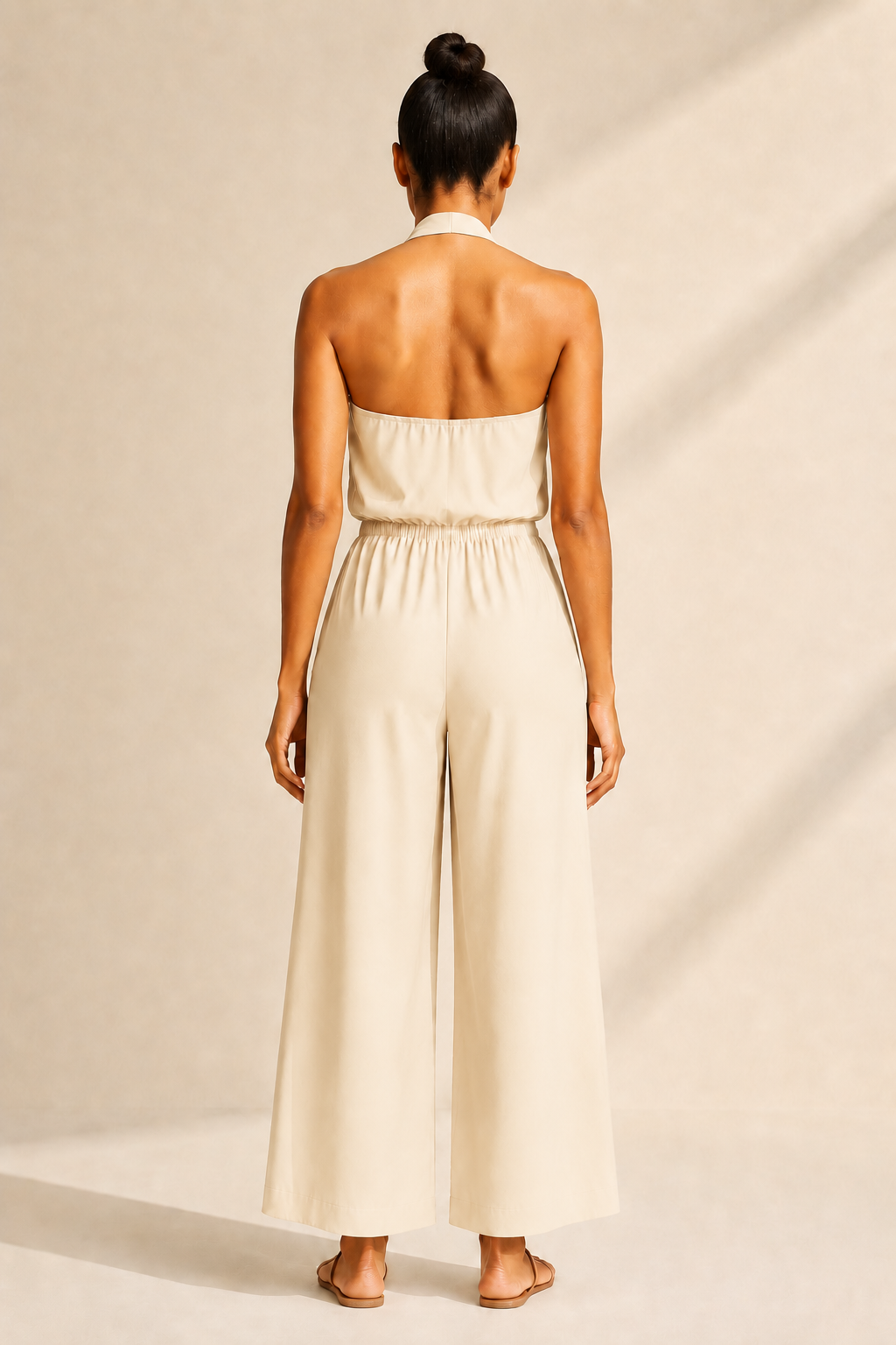 Halter-Neck Cropped Wide-Leg Jumpsuit in Apricot, back view
