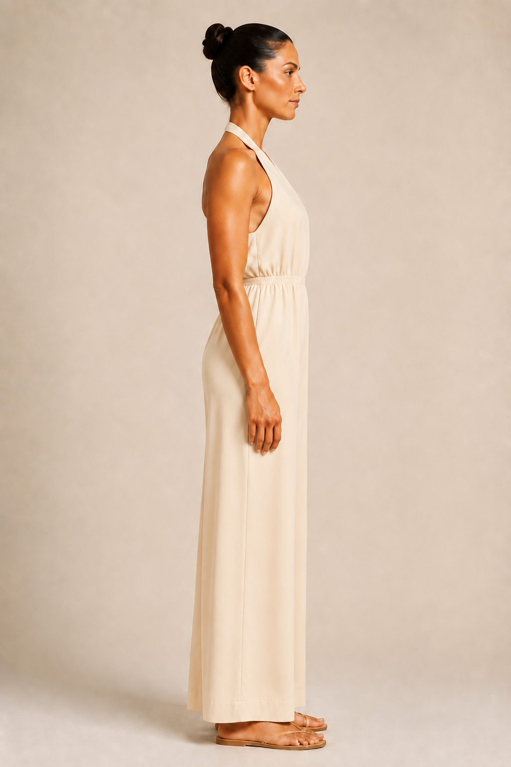 Halter-Neck Cropped Wide-Leg Jumpsuit in Apricot, side view