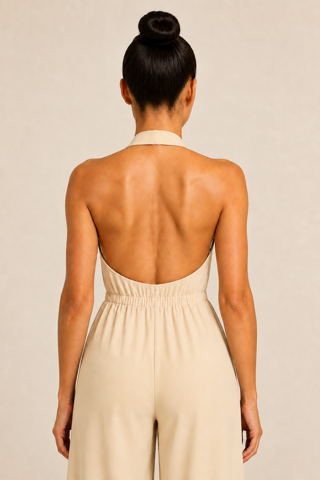 Halter-Neck Cropped Wide-Leg Jumpsuit in Apricot, halter-back construction detail