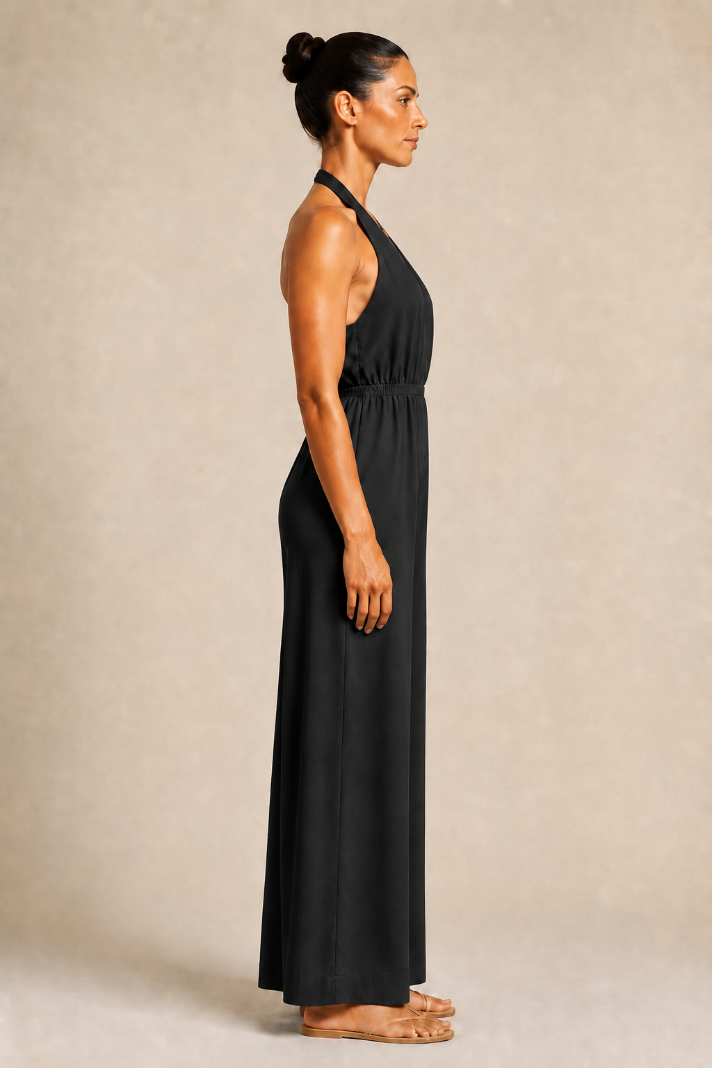 Halter-Neck Cropped Wide-Leg Jumpsuit in Black, side view
