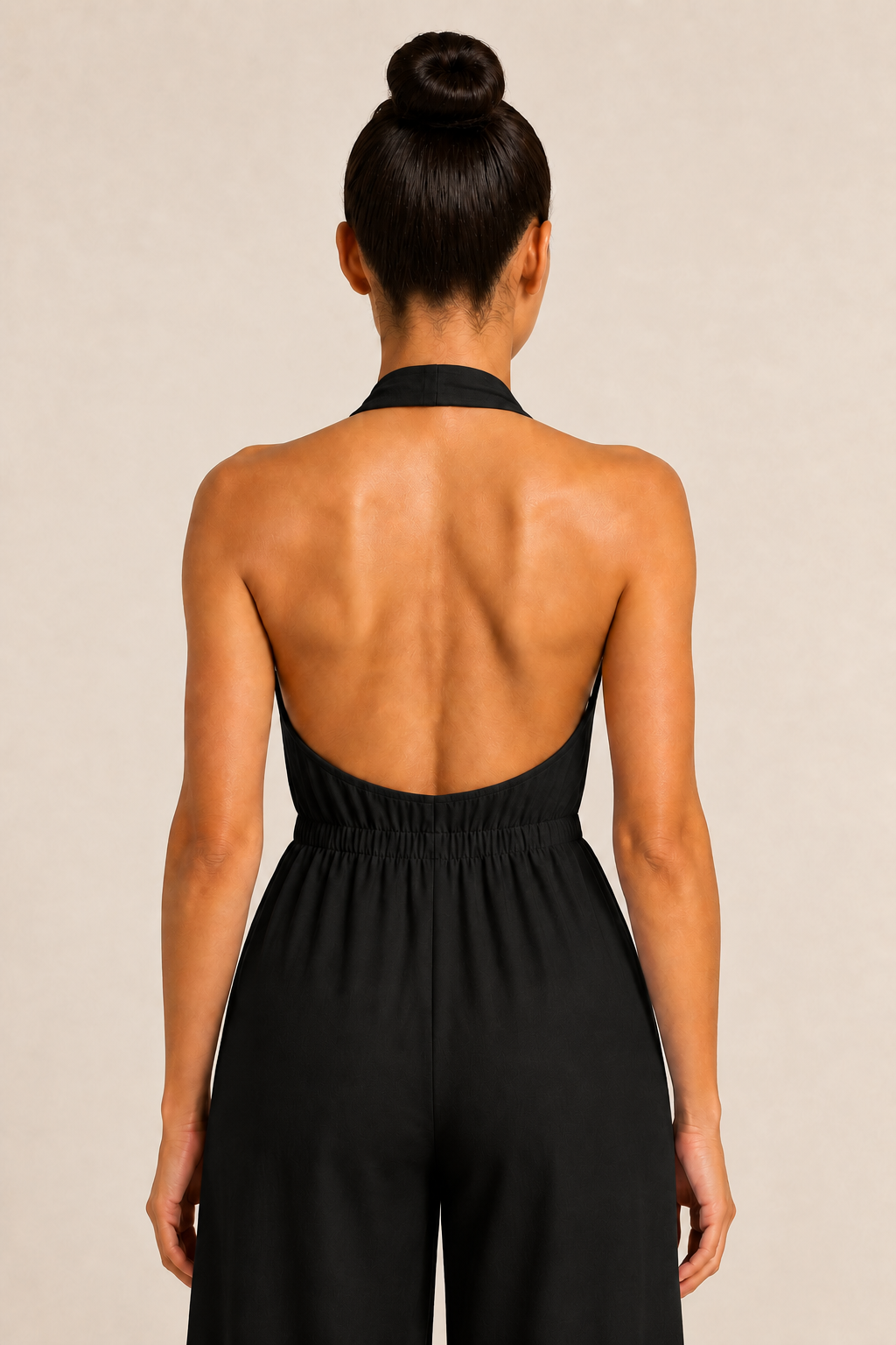 Halter-Neck Cropped Wide-Leg Jumpsuit in Black, halter-back construction detail