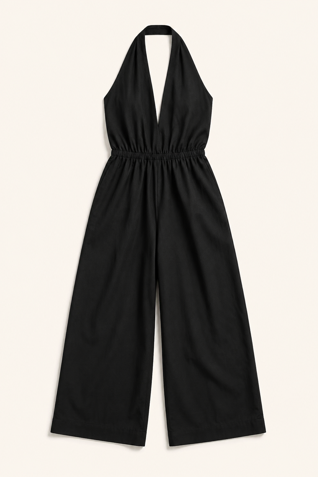 Halter-Neck Cropped Wide-Leg Jumpsuit in Black, flat lay