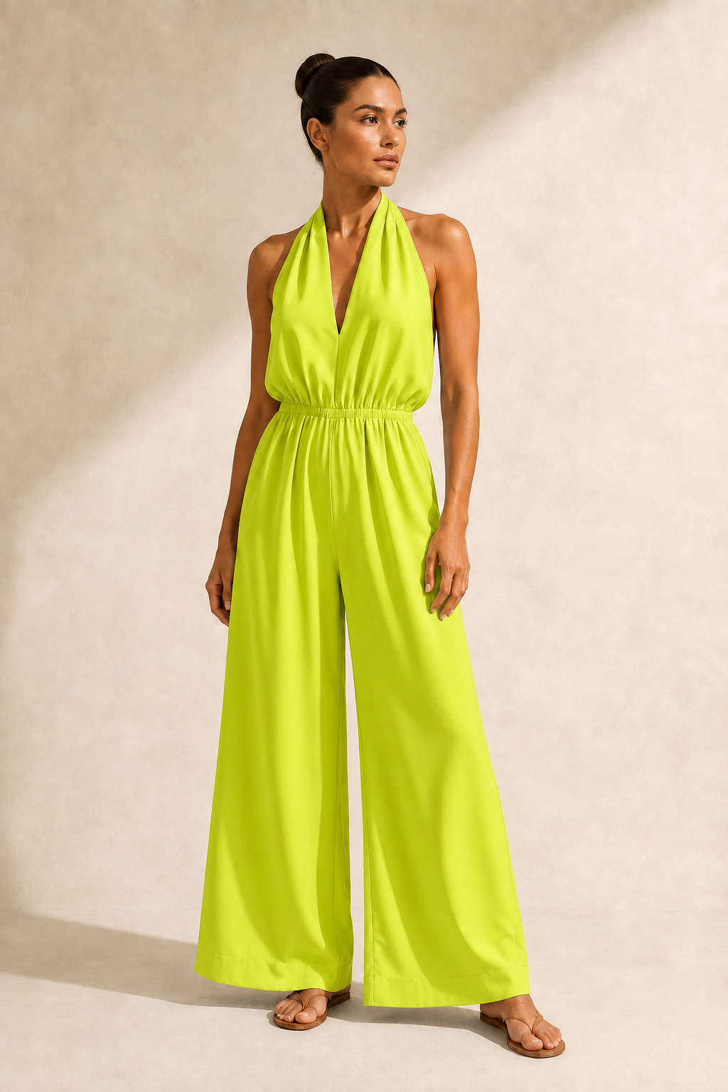 Halter-Neck Cropped Wide-Leg Jumpsuit in Fluorescent Yellow, front three-quarter view