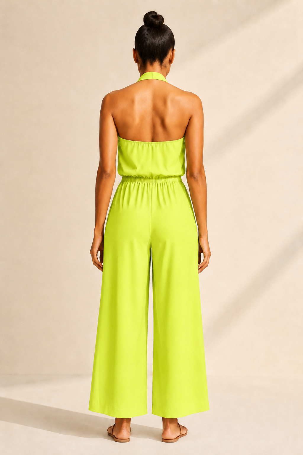 Halter-Neck Cropped Wide-Leg Jumpsuit in Fluorescent Yellow, back view
