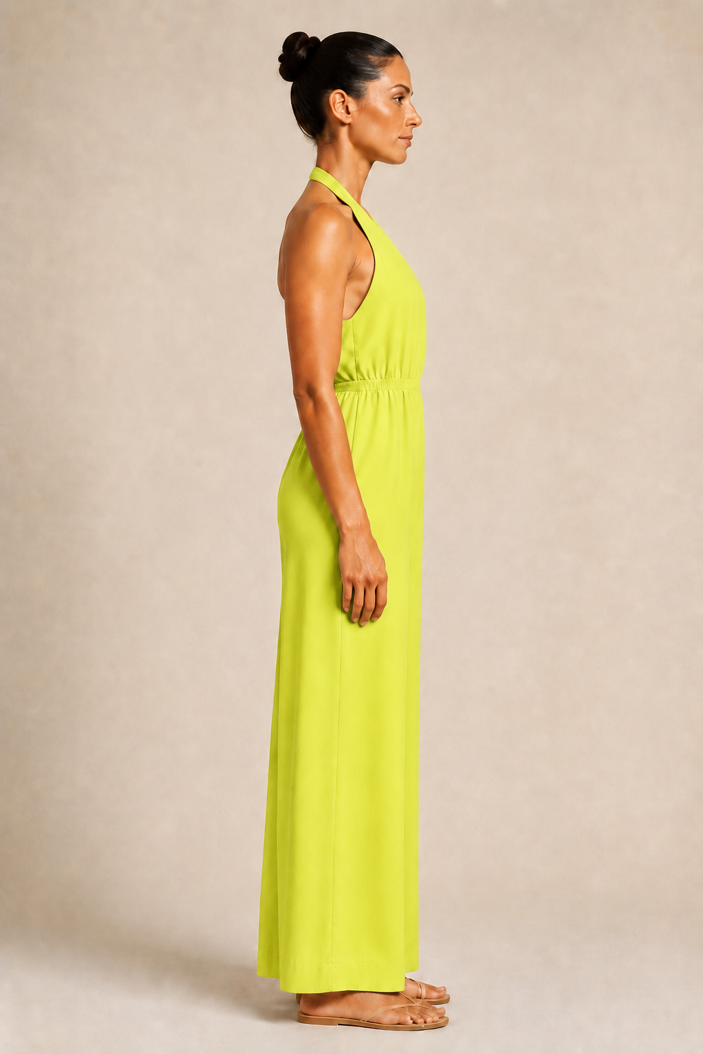 Halter-Neck Cropped Wide-Leg Jumpsuit in Fluorescent Yellow, side view