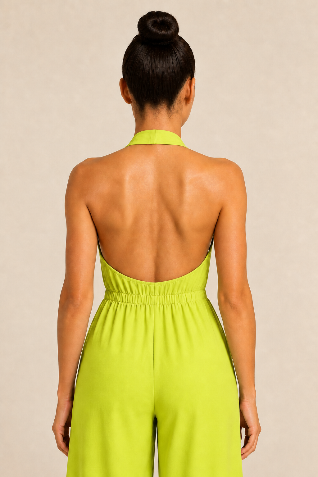 Halter-Neck Cropped Wide-Leg Jumpsuit in Fluorescent Yellow, halter-back construction detail