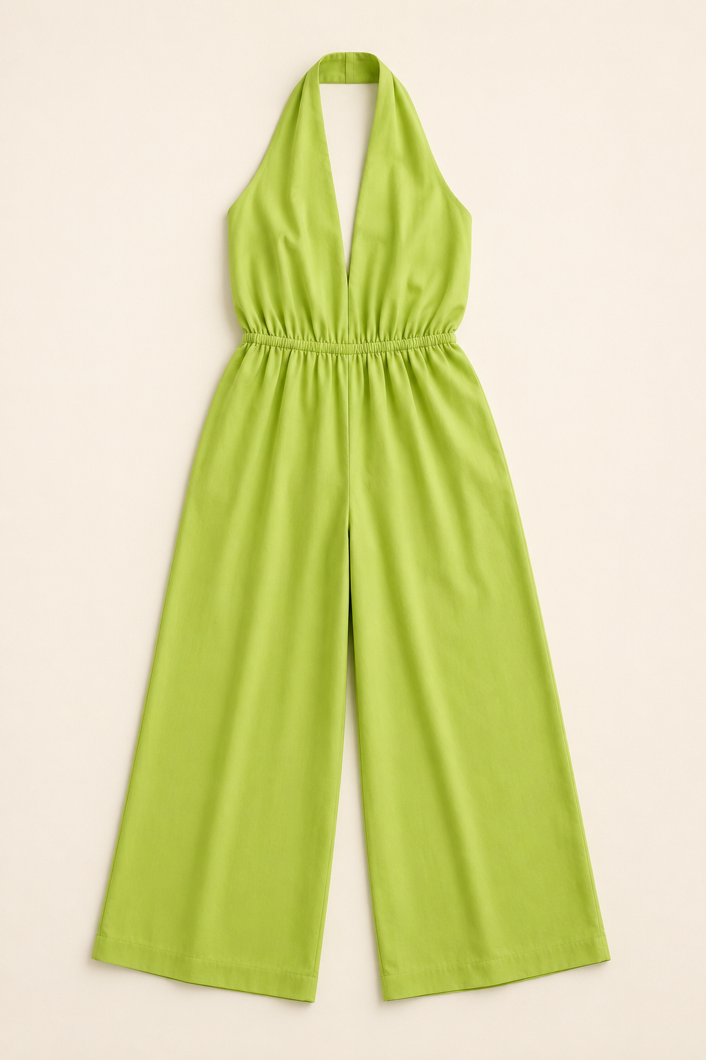 Halter-Neck Cropped Wide-Leg Jumpsuit in Fluorescent Yellow, flat lay