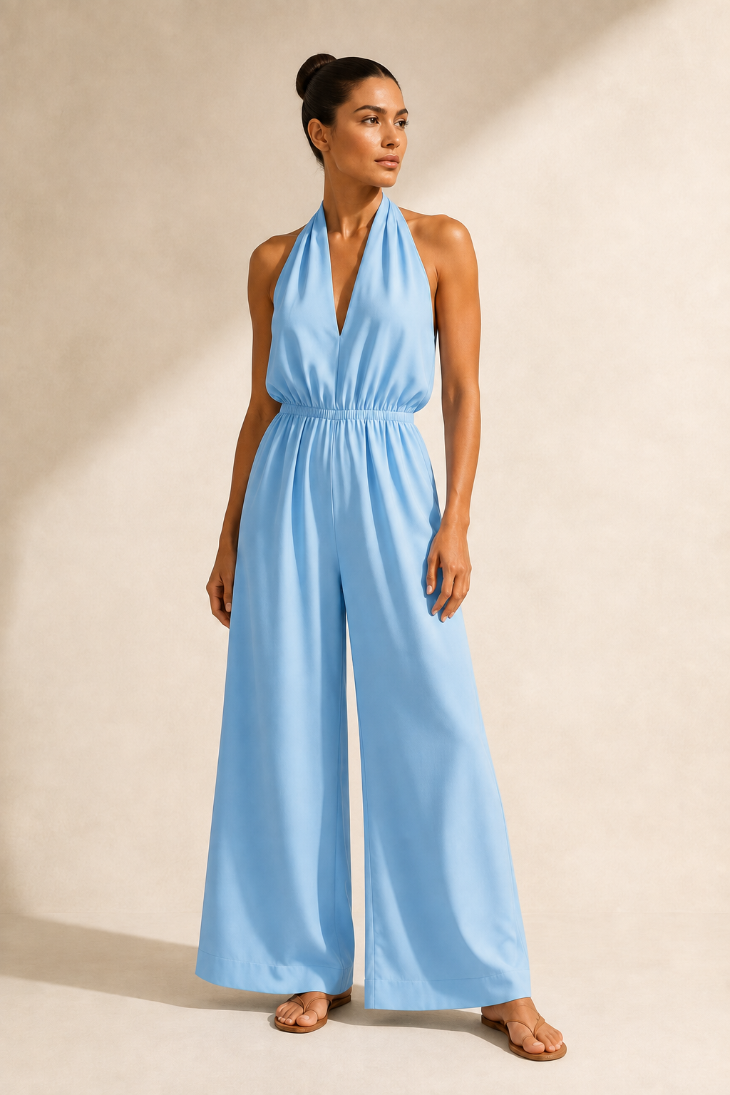 Halter-Neck Cropped Wide-Leg Jumpsuit in Sky Blue, front three-quarter view