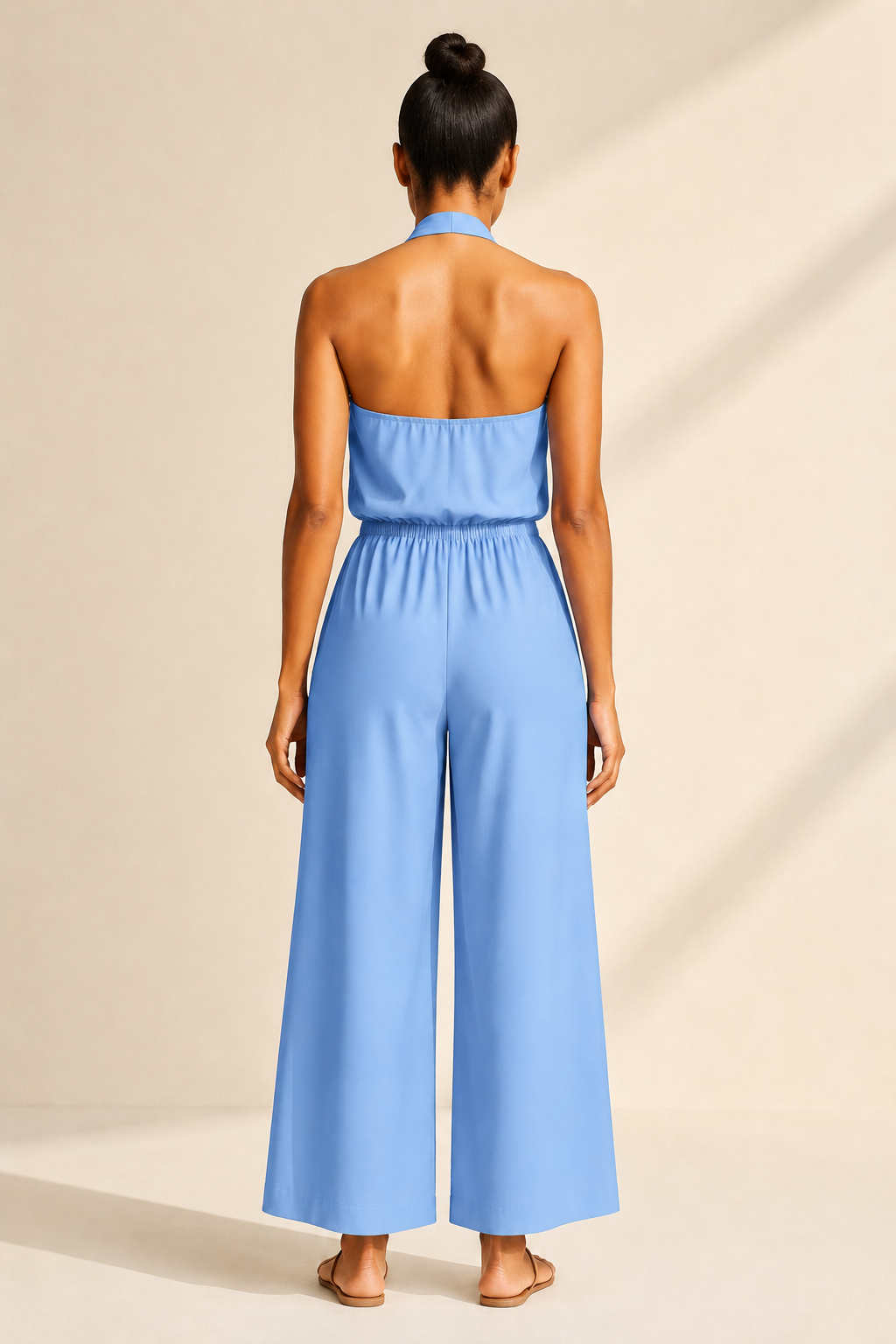 Halter-Neck Cropped Wide-Leg Jumpsuit in Sky Blue, back view