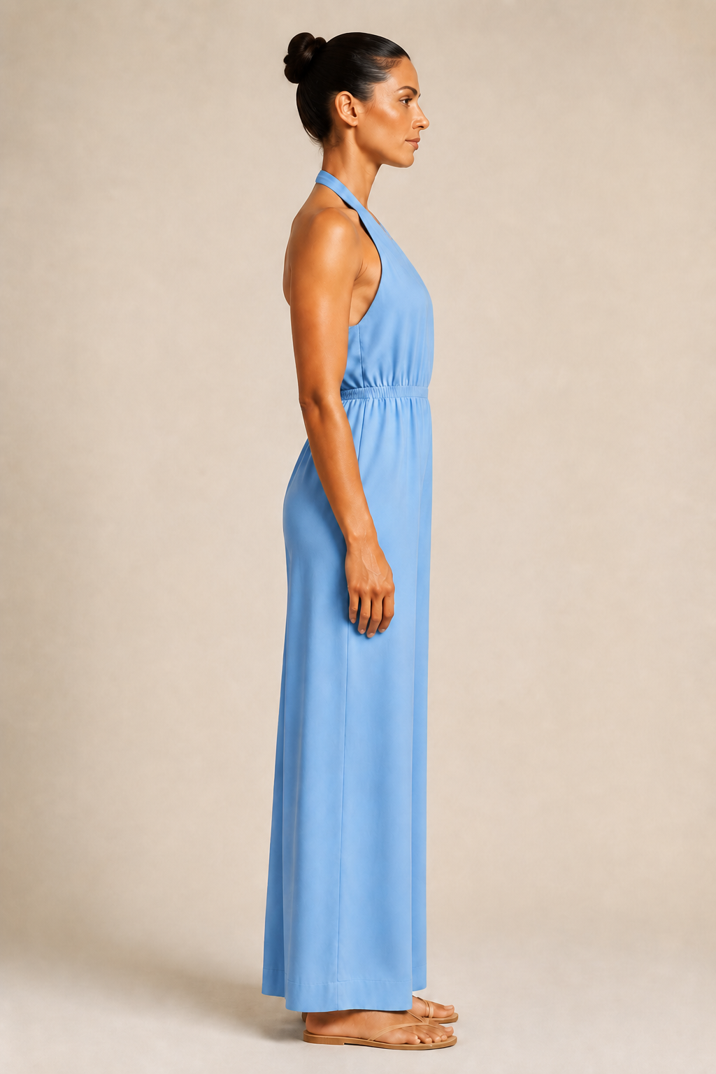 Halter-Neck Cropped Wide-Leg Jumpsuit in Sky Blue, side view