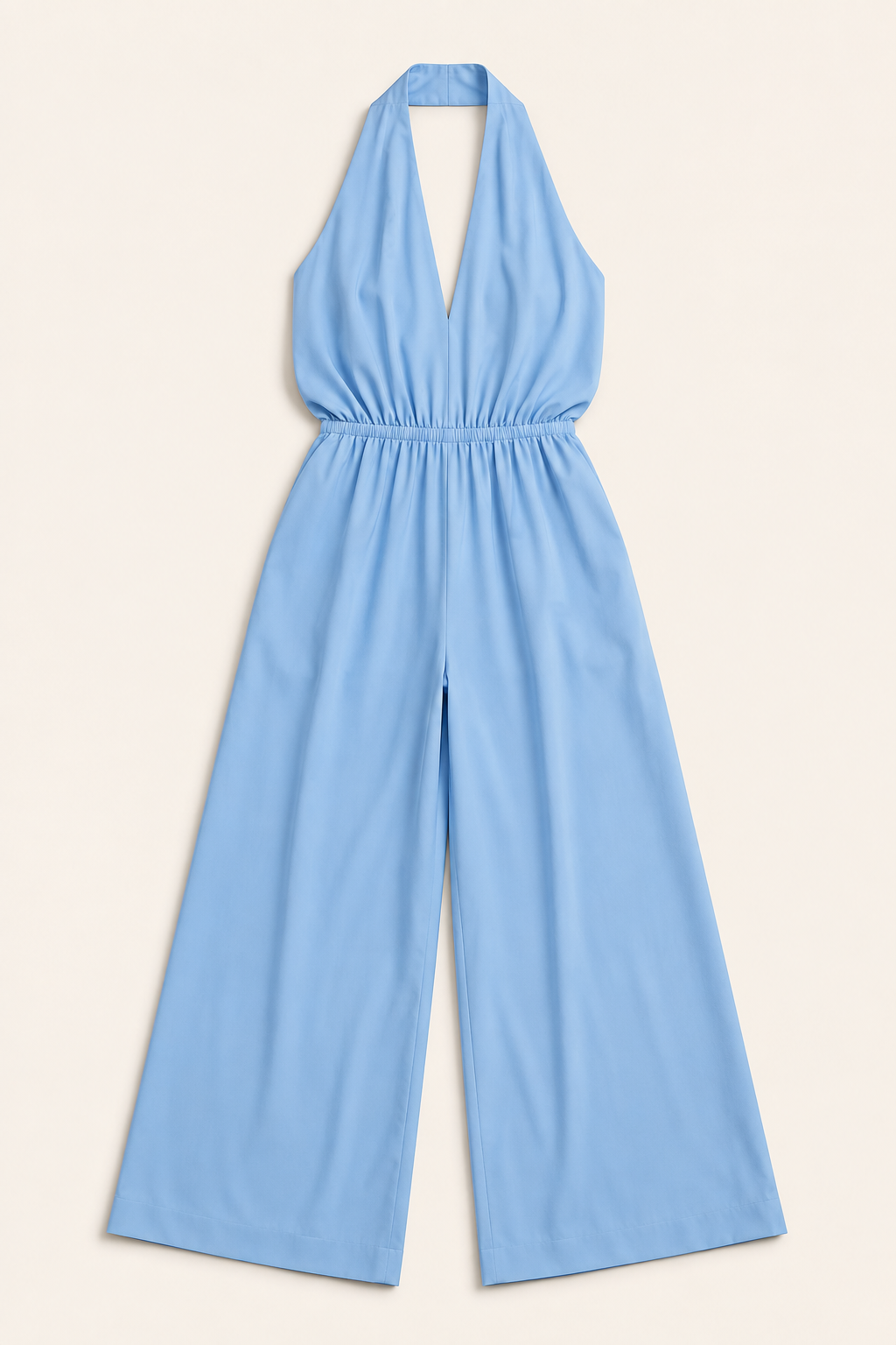 Halter-Neck Cropped Wide-Leg Jumpsuit in Sky Blue, flat lay