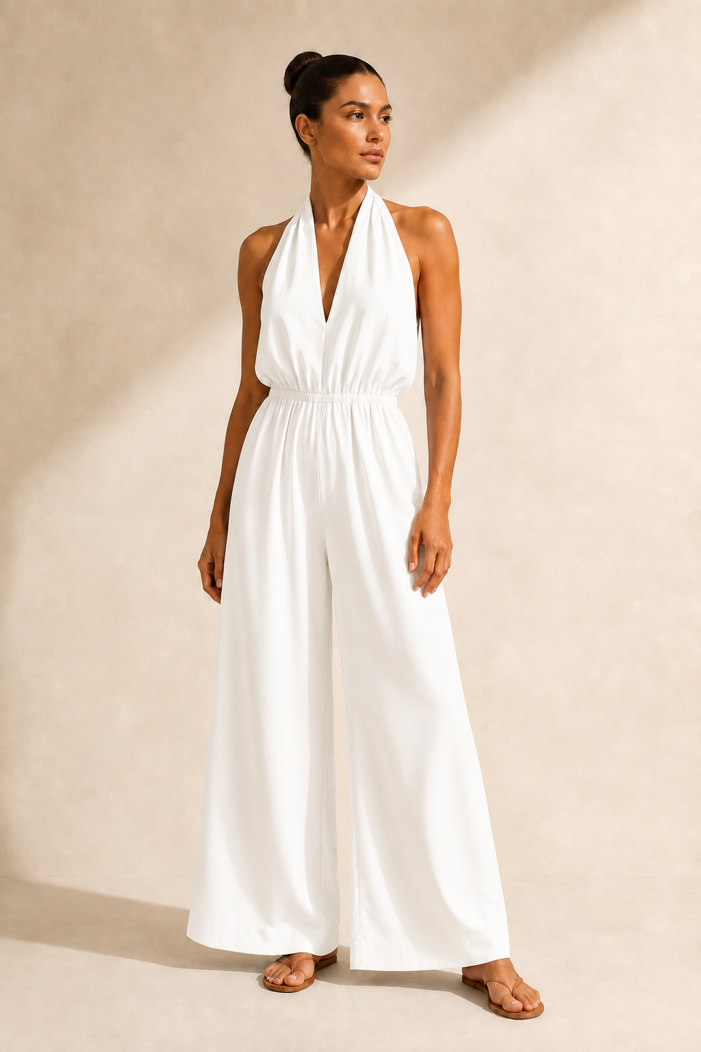 Halter-Neck Cropped Wide-Leg Jumpsuit in White, front three-quarter view