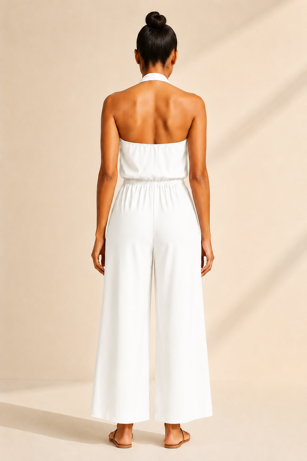 Halter-Neck Cropped Wide-Leg Jumpsuit in White, back view
