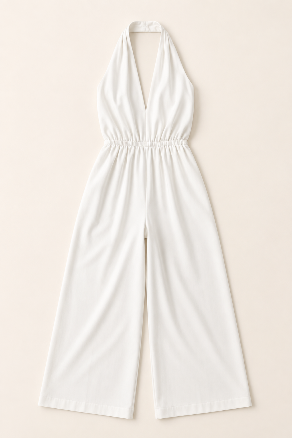 Halter-Neck Cropped Wide-Leg Jumpsuit in White, flat lay