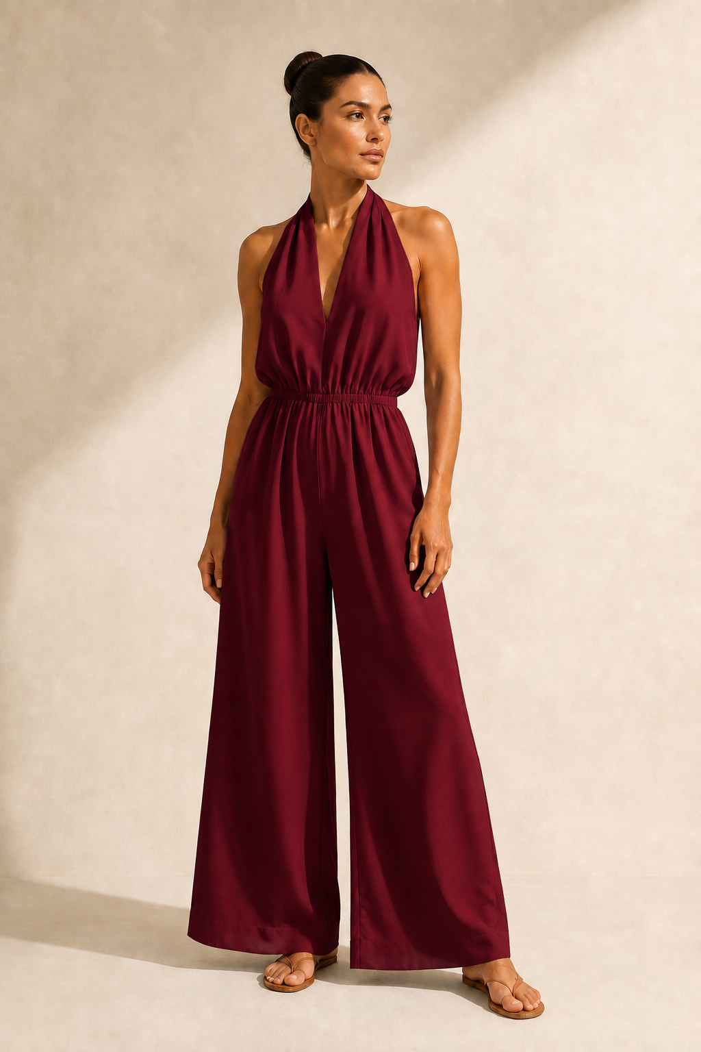 Halter-Neck Cropped Wide-Leg Jumpsuit in Wine Red, front three-quarter view