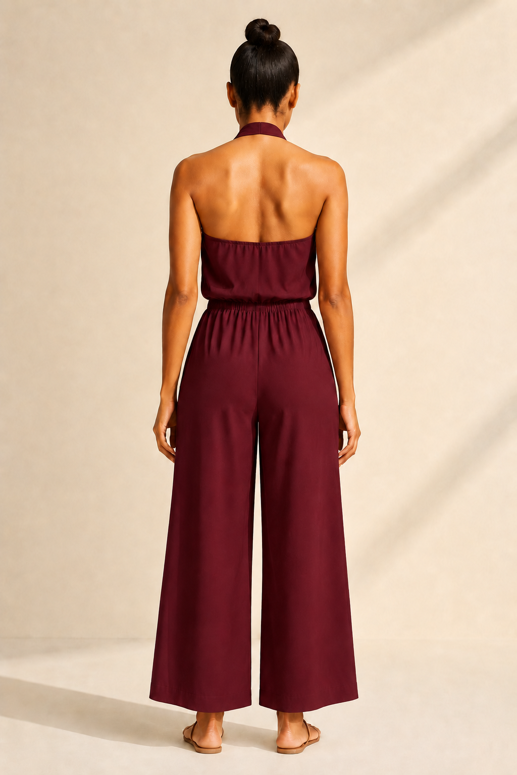 Halter-Neck Cropped Wide-Leg Jumpsuit in Wine Red, back view