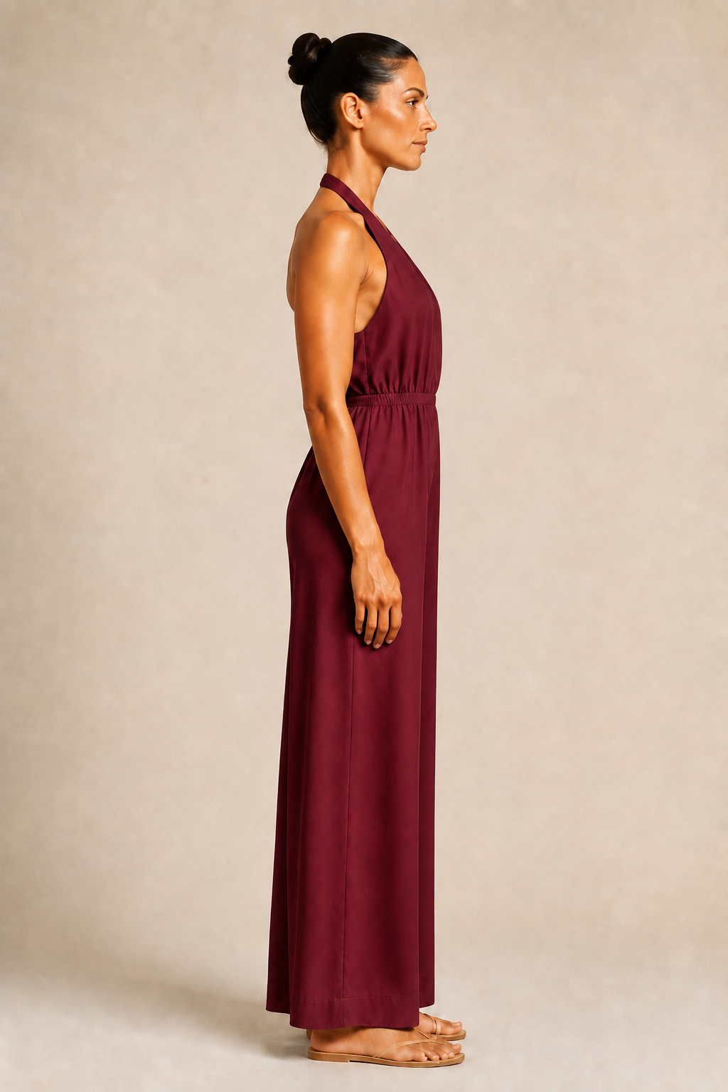 Halter-Neck Cropped Wide-Leg Jumpsuit in Wine Red, side view