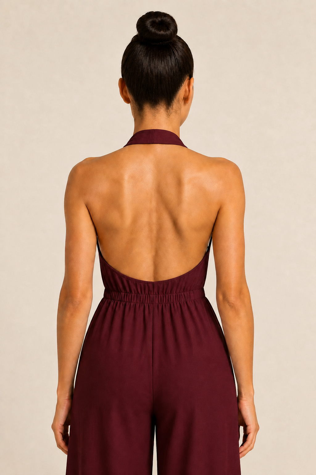 Halter-Neck Cropped Wide-Leg Jumpsuit in Wine Red, halter-back construction detail