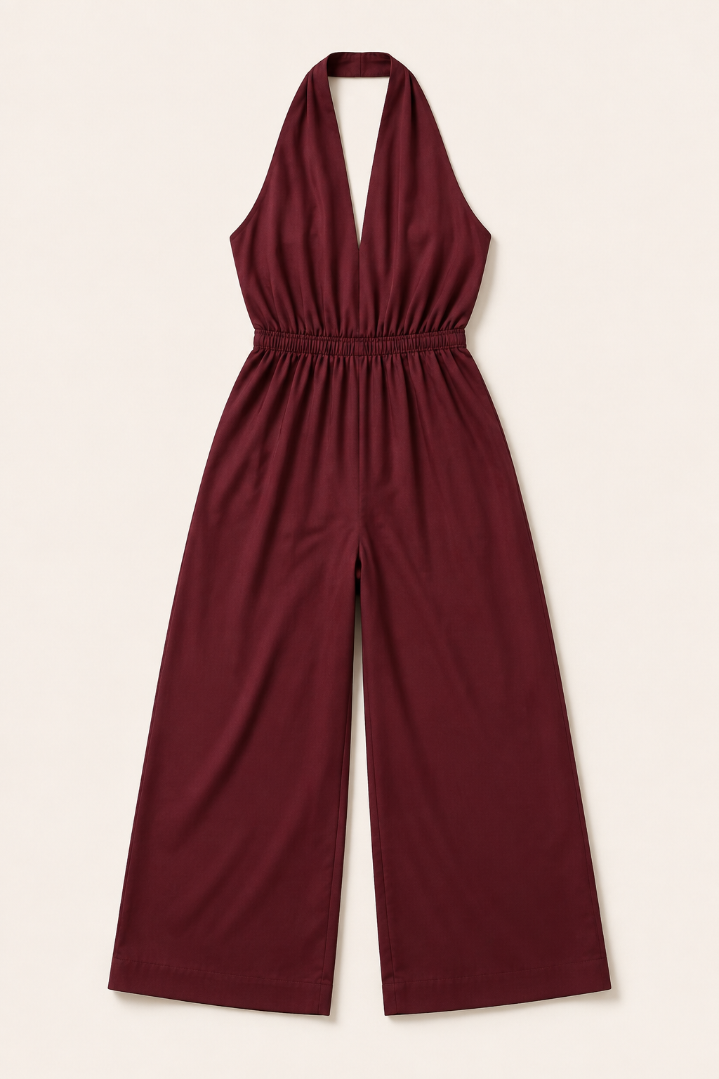 Halter-Neck Cropped Wide-Leg Jumpsuit in Wine Red, flat lay