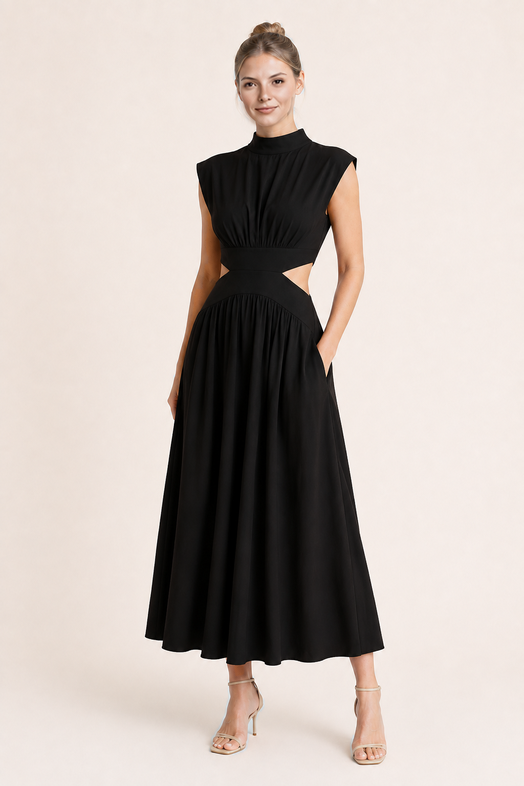 High-Neck Pleated Maxi Dress in Black, front three-quarter view