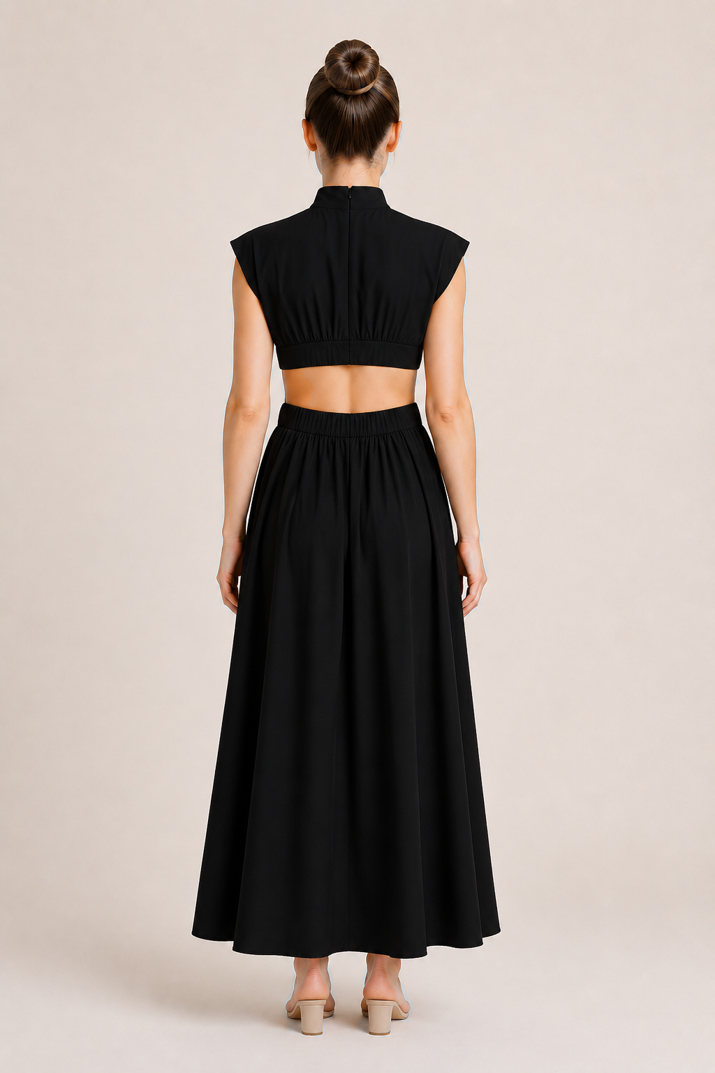 High-Neck Pleated Maxi Dress in Black, back view