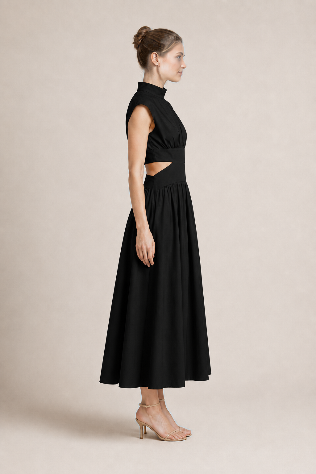 High-Neck Pleated Maxi Dress in Black, side view