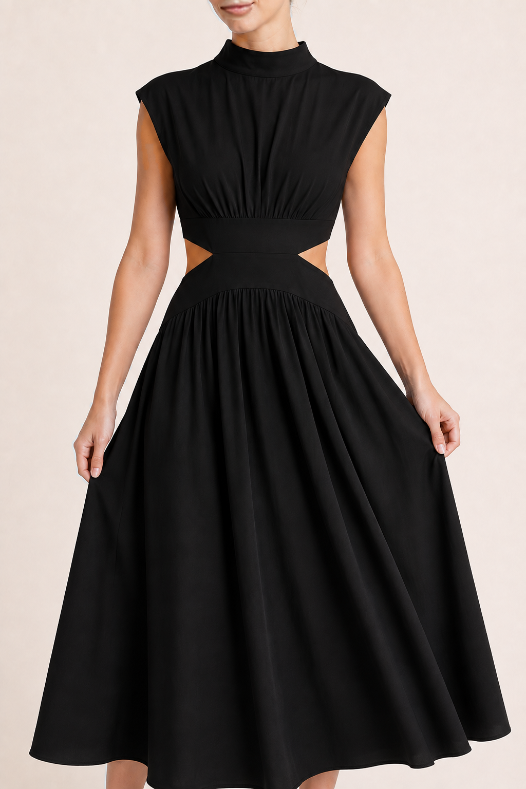 High-Neck Pleated Maxi Dress in Black, pleated fabric detail