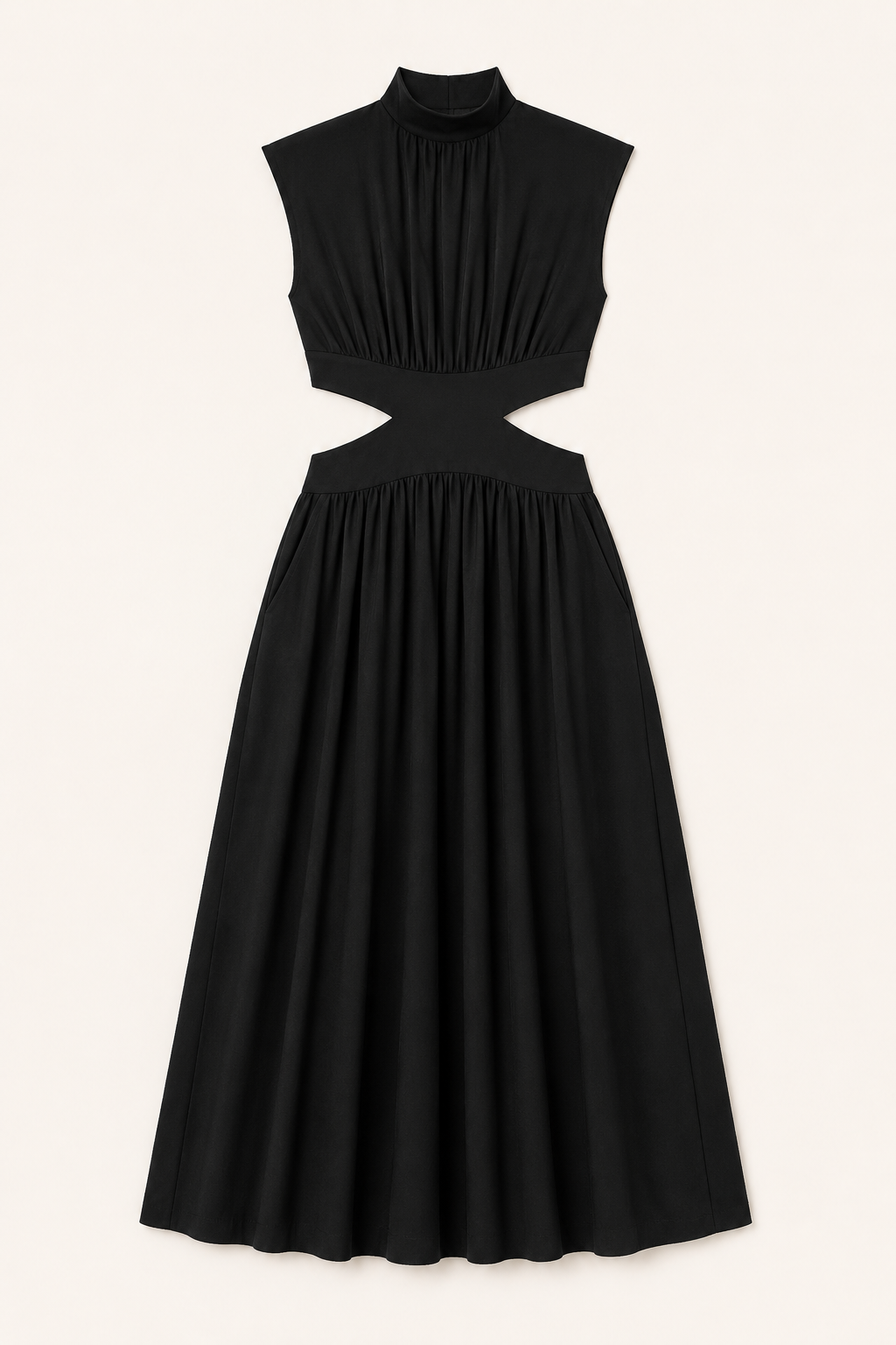 High-Neck Pleated Maxi Dress in Black, flat lay