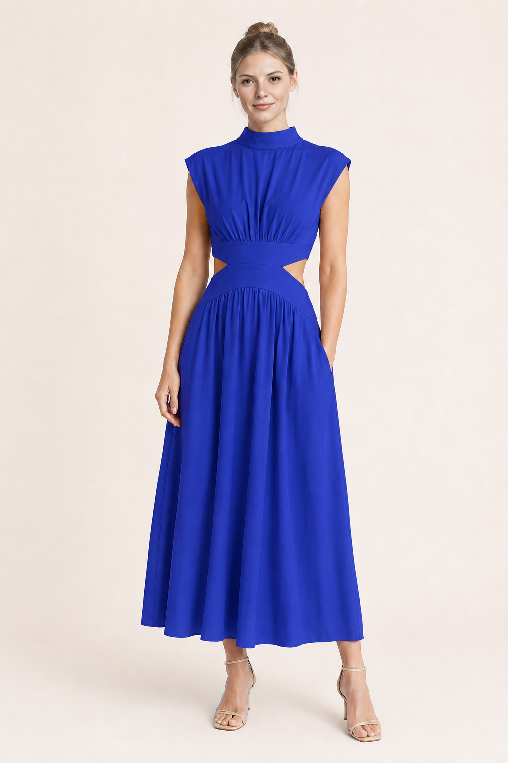 High-Neck Pleated Maxi Dress in Blue, front three-quarter view