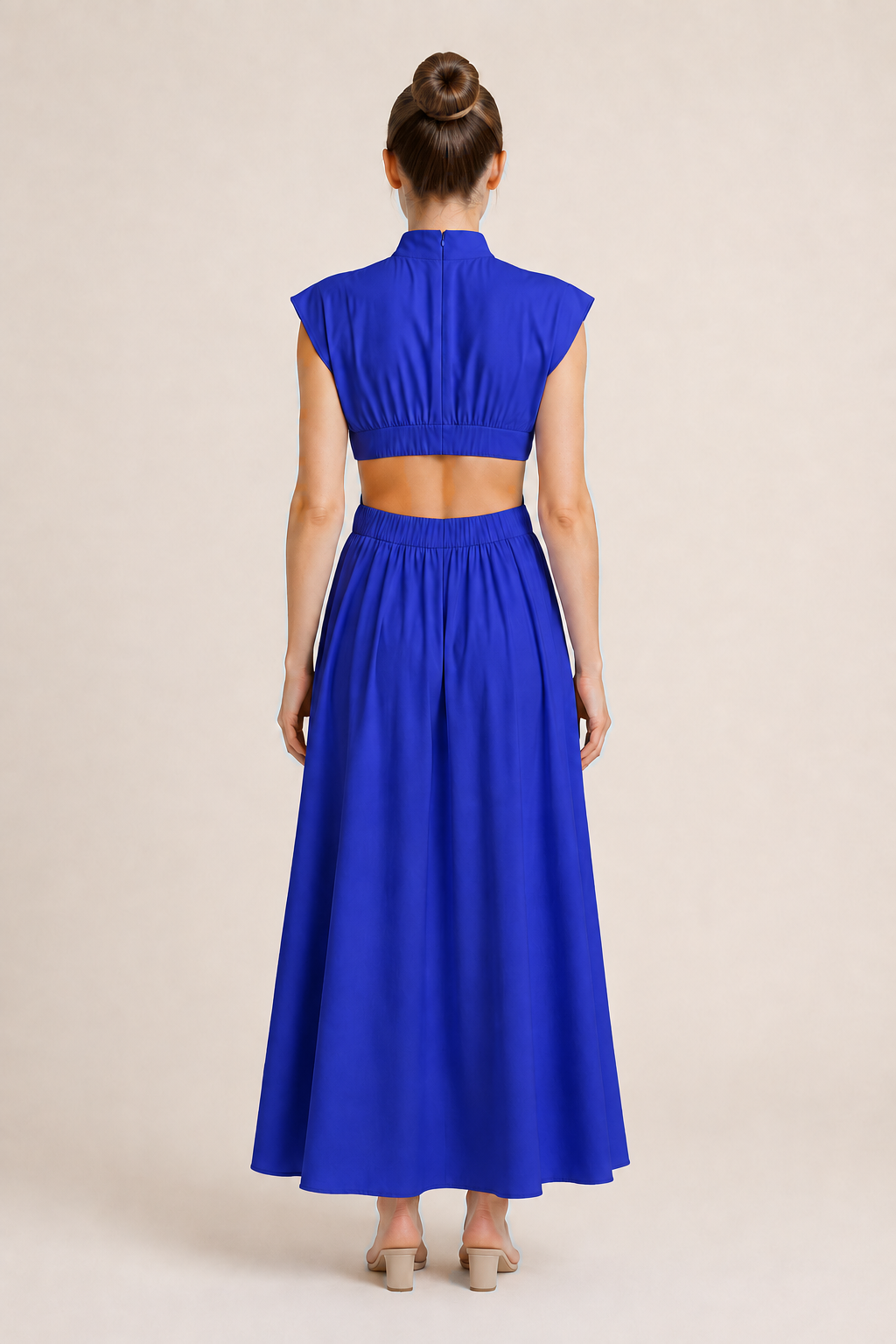High-Neck Pleated Maxi Dress in Blue, back view