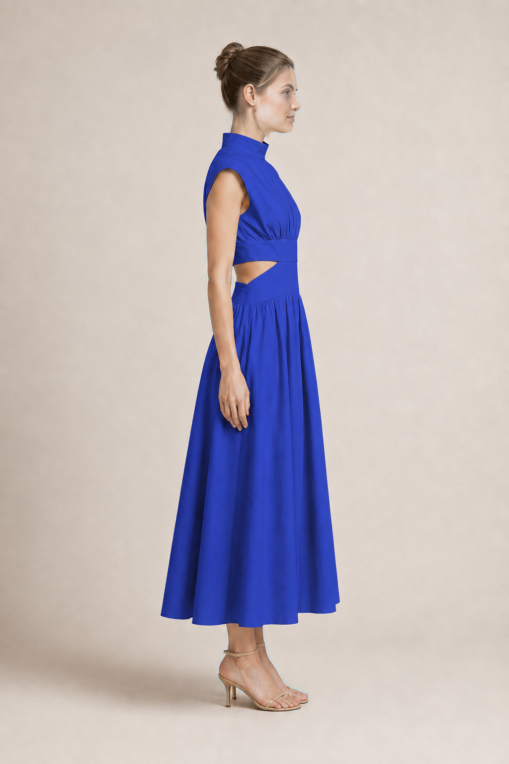 High-Neck Pleated Maxi Dress in Blue, side view