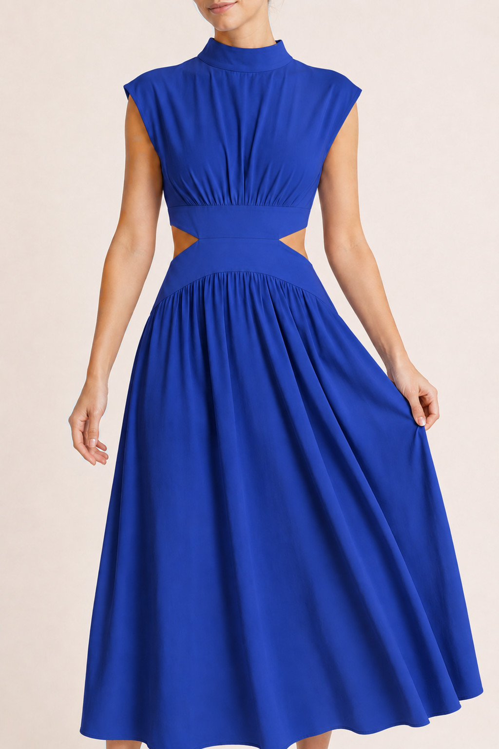 High-Neck Pleated Maxi Dress in Blue, pleated fabric detail
