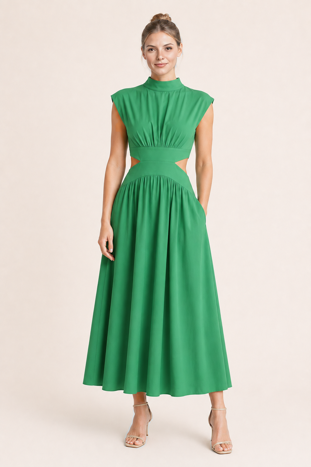 High-Neck Pleated Maxi Dress in Green, front three-quarter view