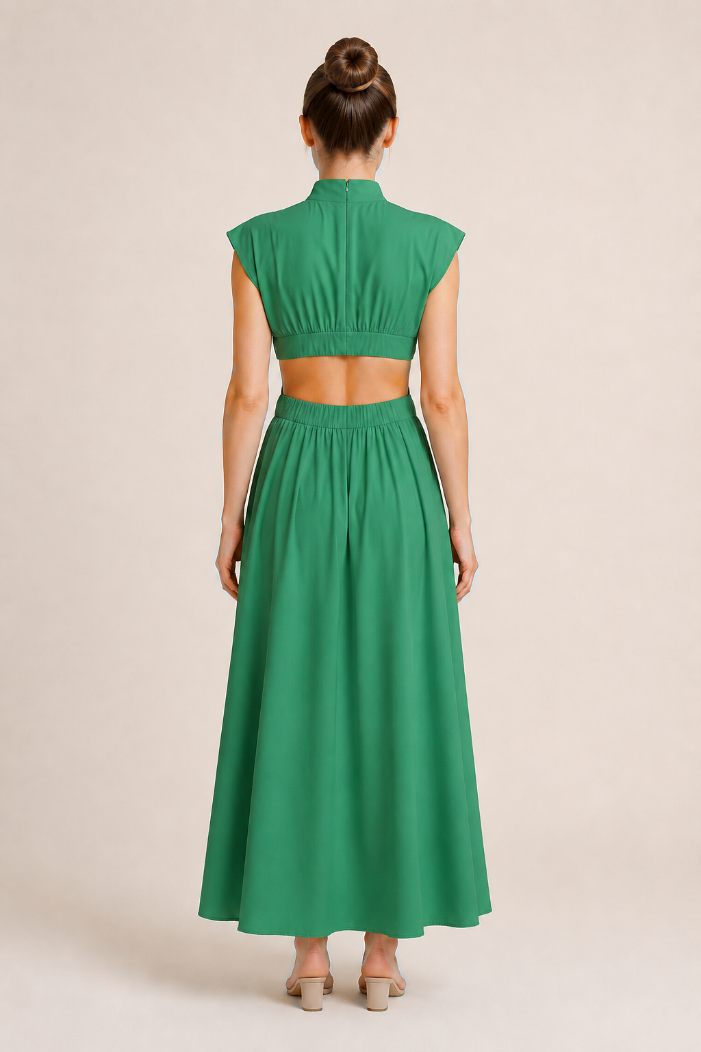 High-Neck Pleated Maxi Dress in Green, back view